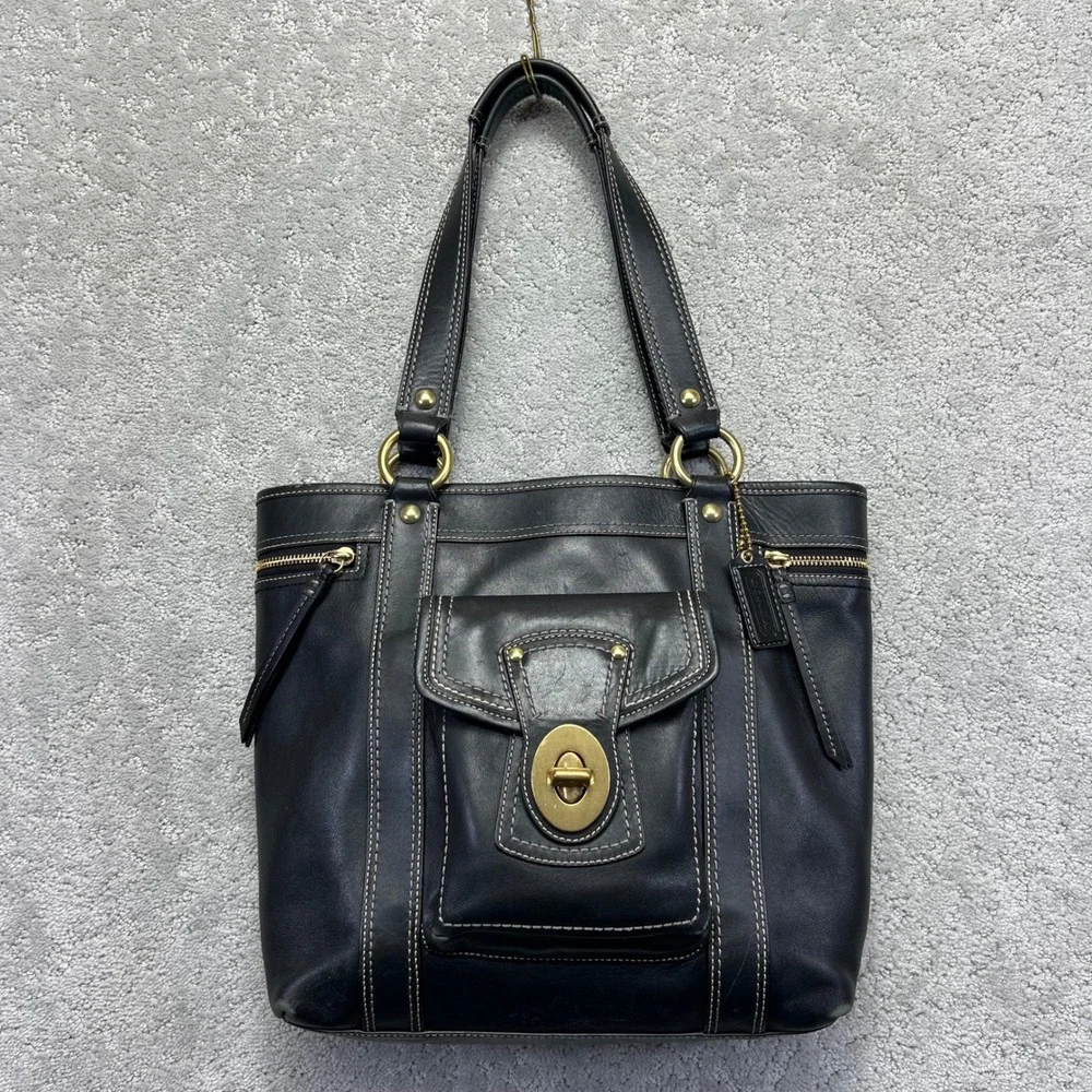 Y2k Coach Gigi Tote Bag Black Leather Brass Hardware Turnlock Top Handle